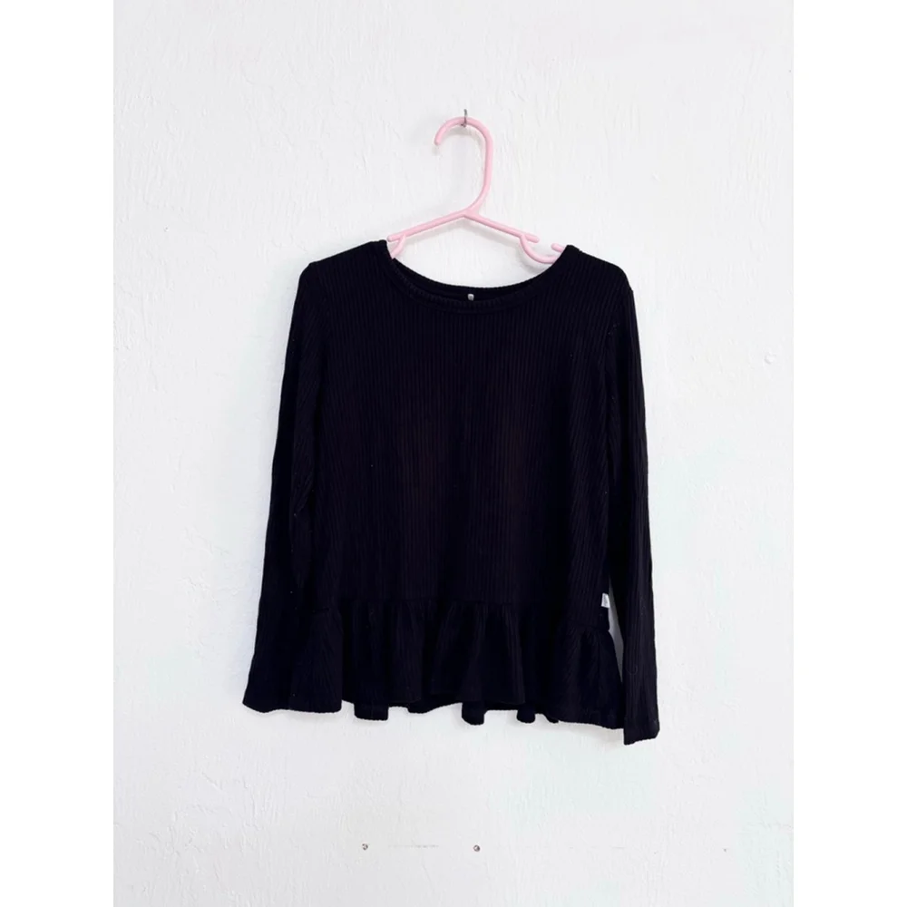 Girls Posh Peanut Bamboo Long Sleeve Ribbed Ruffle Tee 5T Black